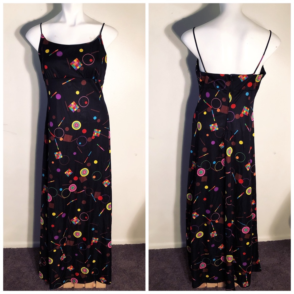 Vintage Jonathan Logan Black Geometric Print Spaghetti Strap Maxi Dress - Picture 2 of 6